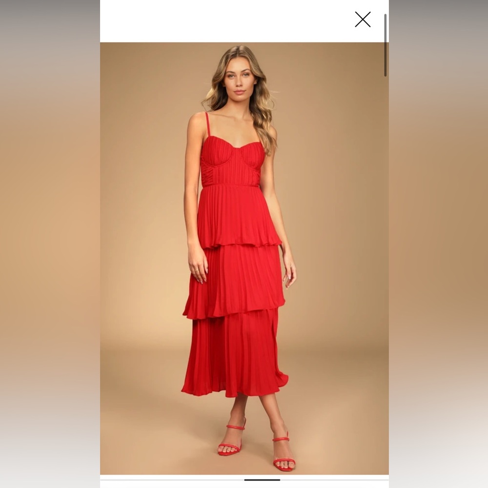 Lulus Cascading Crush Red Tiered Bustier Midi Dress